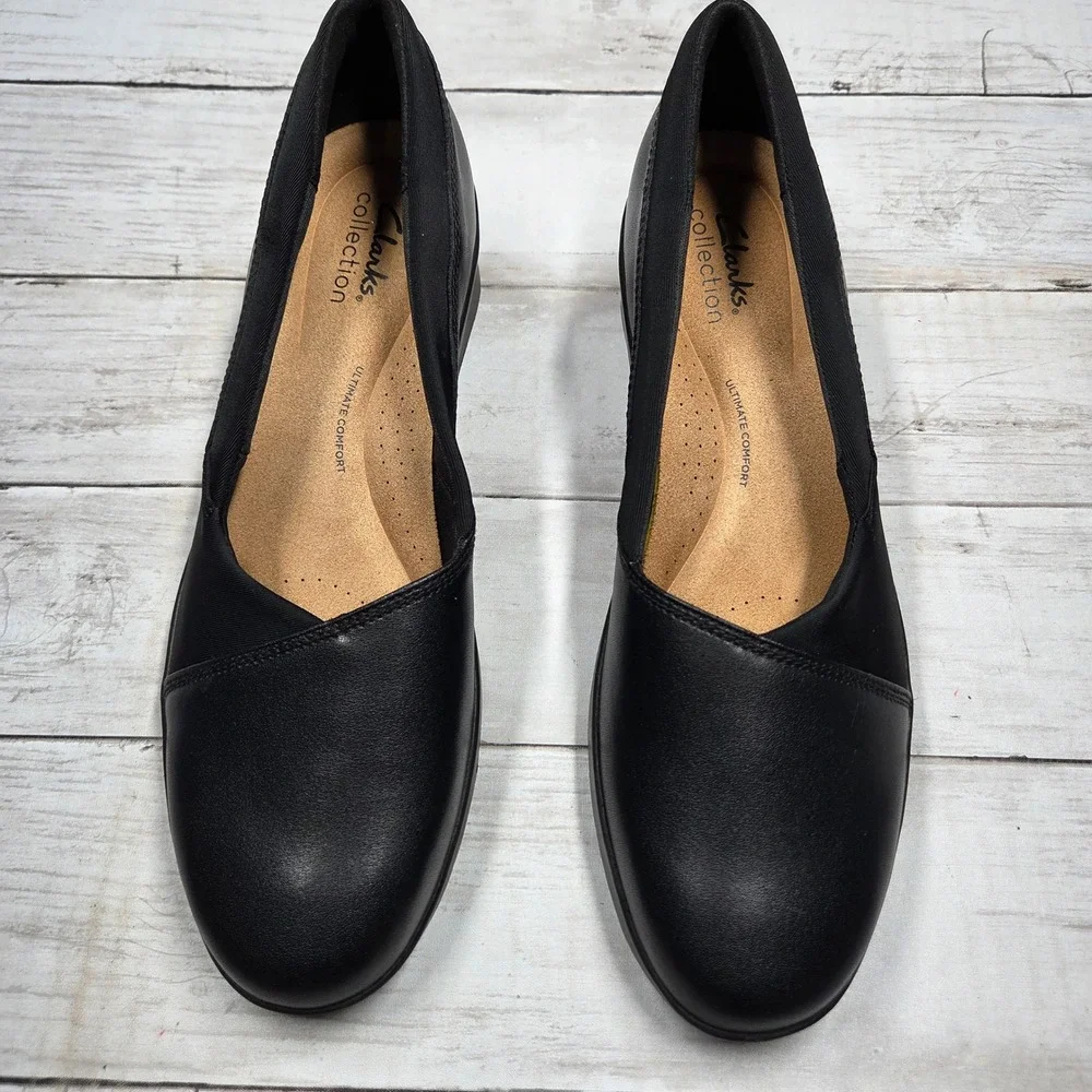 Clarks Wedge Shoes Womens 9.5 Black Leather Ultimate Comfort Slip On